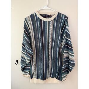 Vintage American Priority Coogi Style Knit Sweater Blue Teal 90s Mens